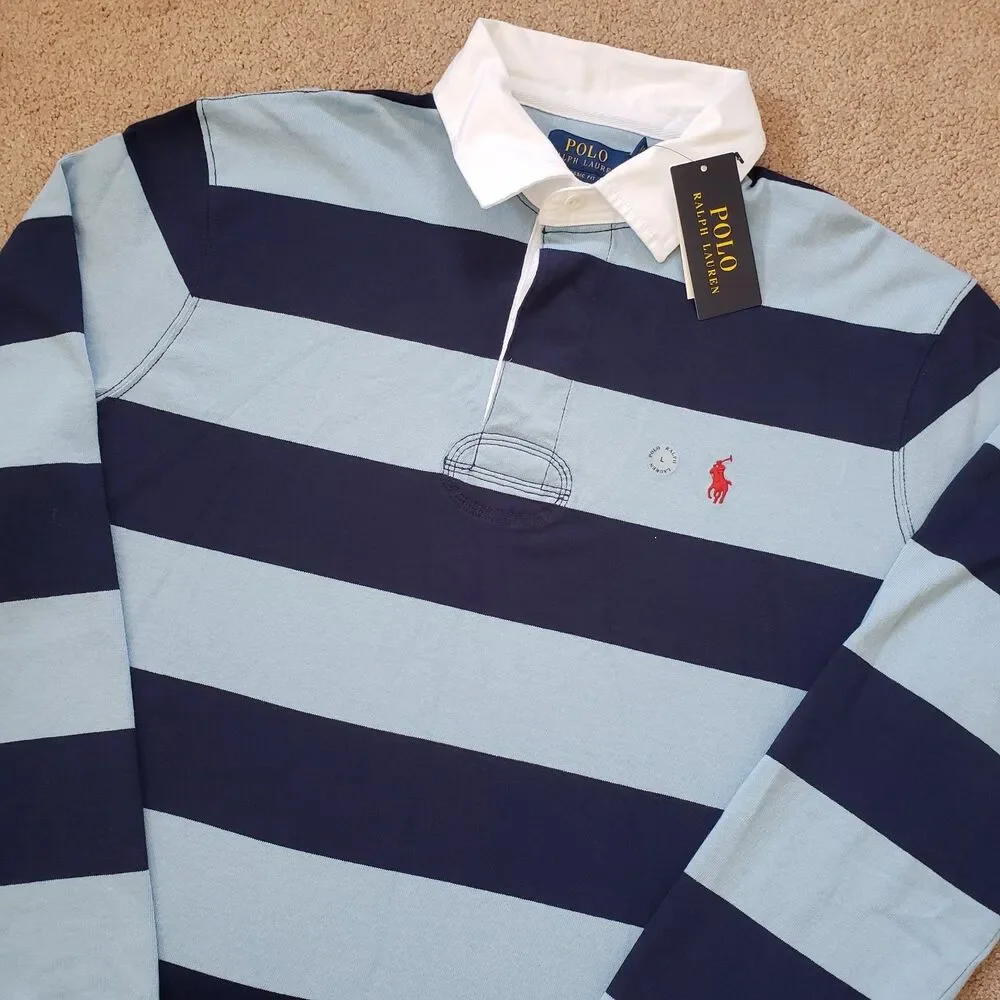 NWT Polo Ralph Lauren Light Blue & Navy Striped Sz Large Mens Rugby Long Sleeve